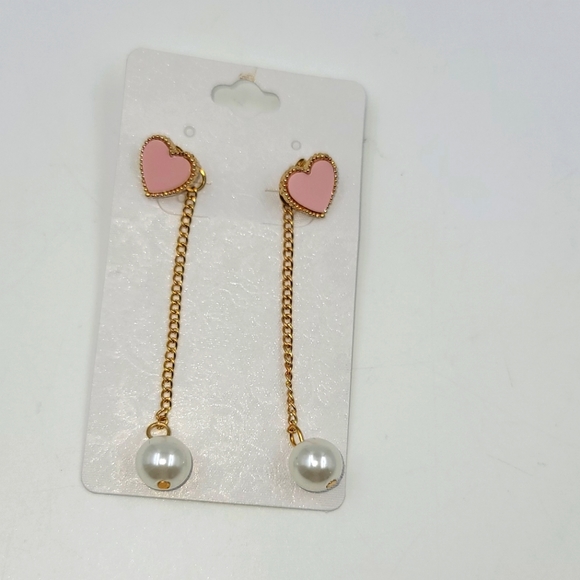 Pink Hearts and pearl dangling earrings, gold hardware - Picture 1 of 6